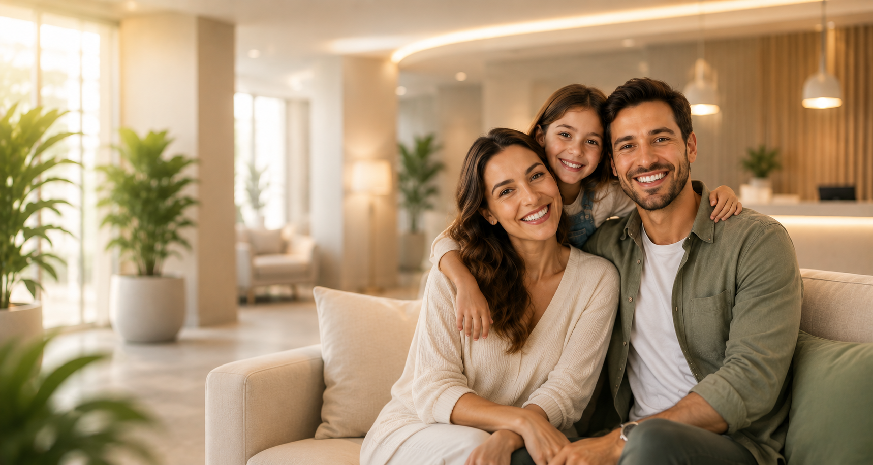 Família sorrindo no ambiente acolhedor da sonhOdonto